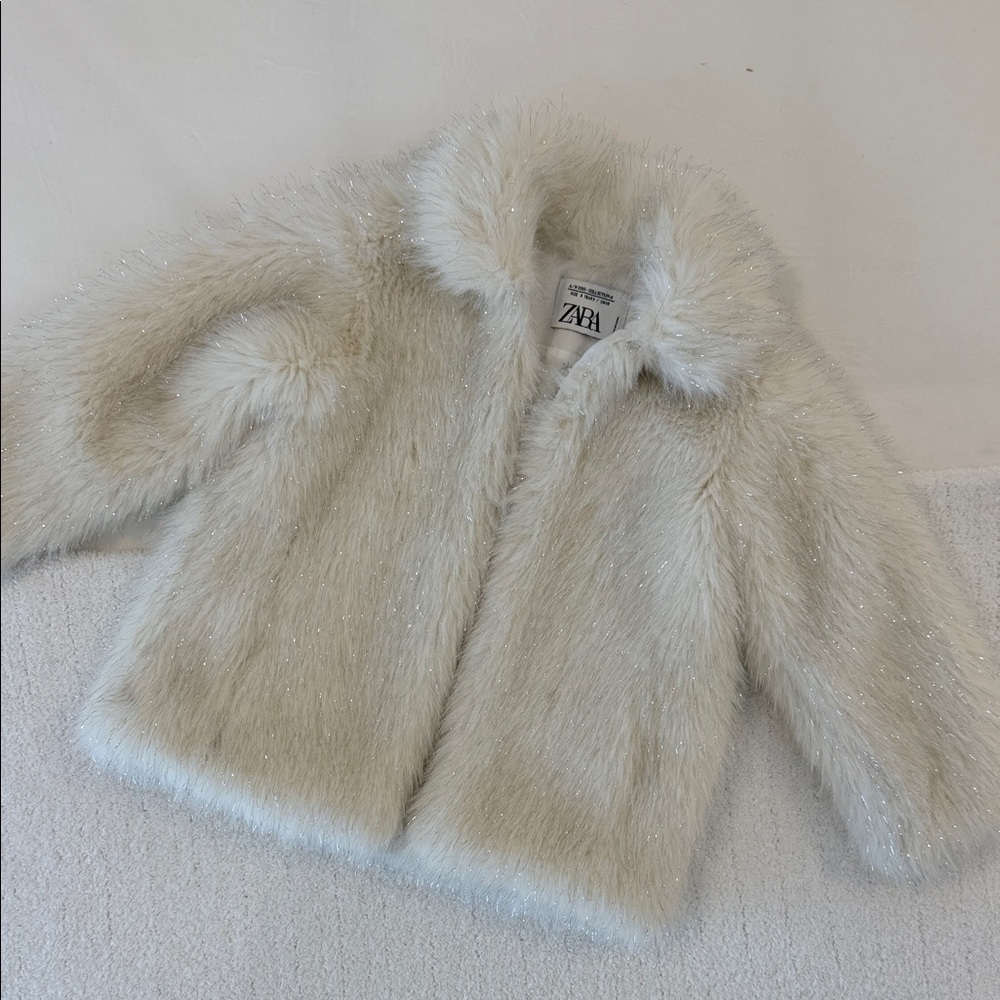 Zara Kids Shimmering Faux Fur Coat - Cream